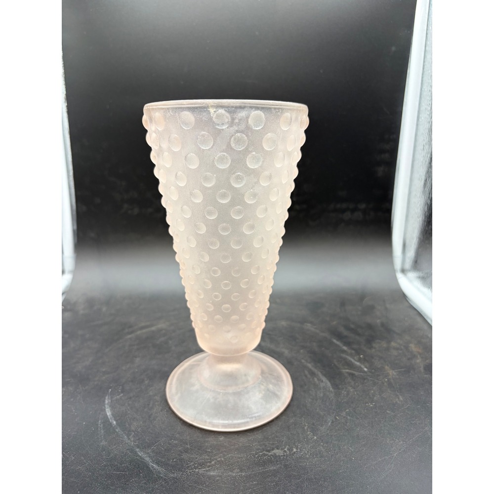 Vintage Pink Frosted Satin Glass Hobnail Vase Footed Trumpet Decorative Vase